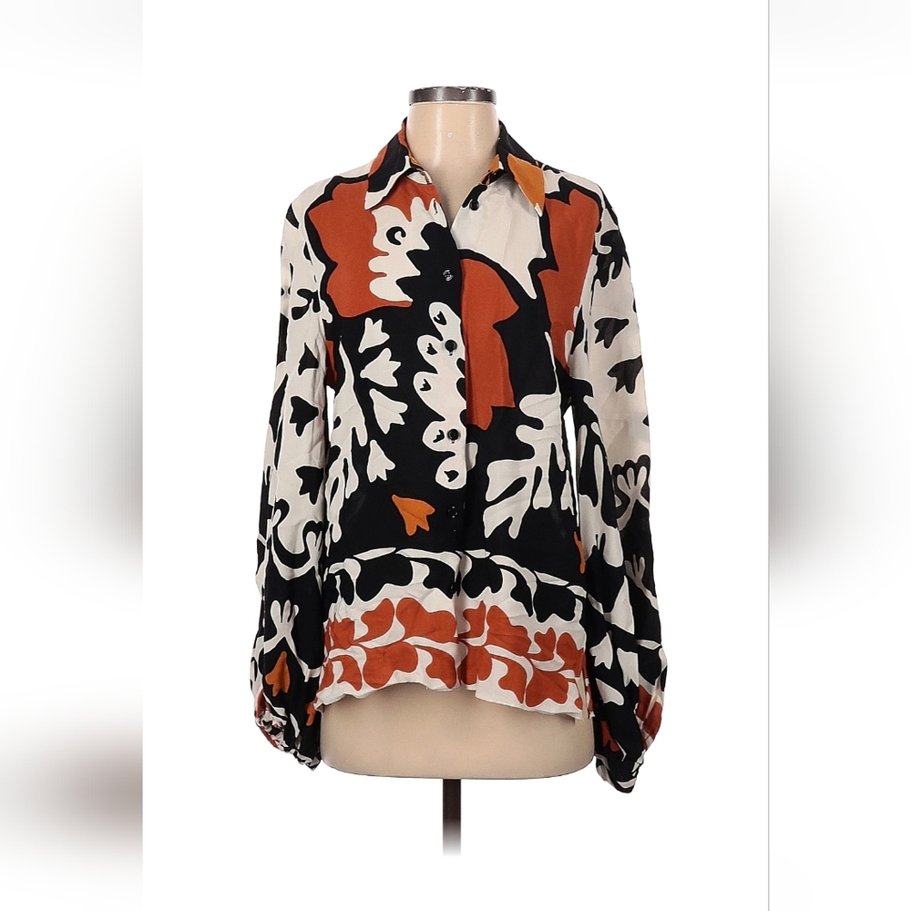 Zara Black White & Rust Abstract Floral Button-Down Shirt And Matching Shorts